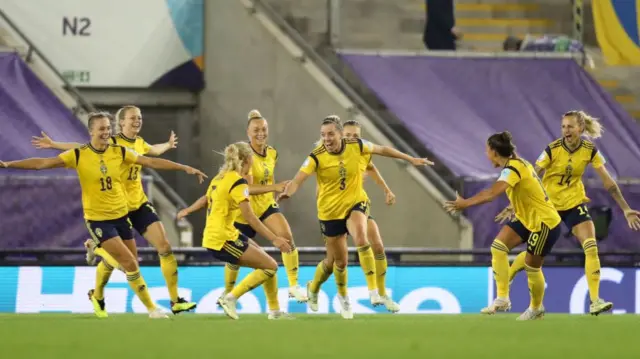 Sweden celebrate Linda Sembrant's winner against Belgium