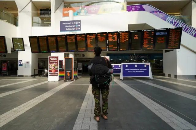 A solitary man looks at noticeboards at Birmingham New Street station