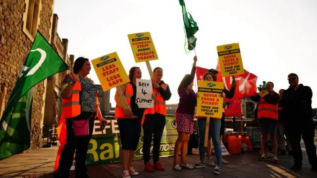 Members of the Rail, Maritime and Transport union (RMT) on the picket line outside Bristol Temple Meads train station as union members take part in a fresh strike over jobs, pay and conditions.