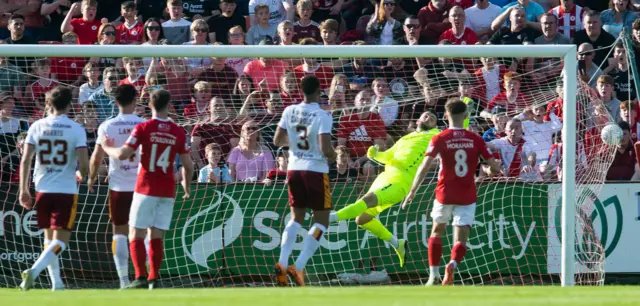 Motherwell's Liam Kelly is beaten by Shane Blaney's free-kick