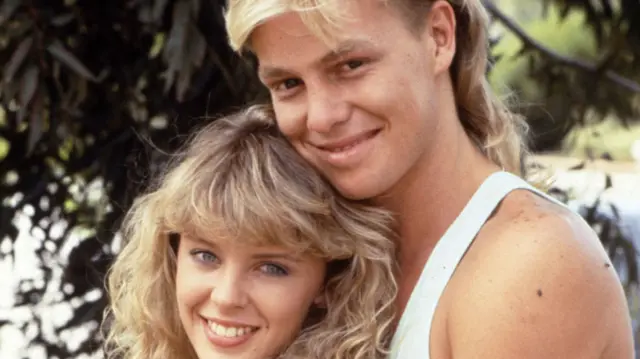 Kylie Minogue and Jason Donovan pose for a picture during their time on Neighbours