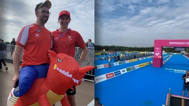 Welsh dragon inflatable costume and triathlon start line