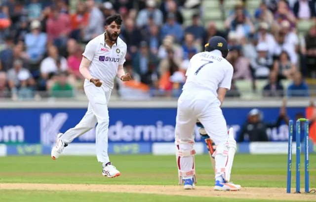 Mohammed Siraj of India celebrates dismissing Sam Billings of England during day three of Fifth LV= Insurance Test Match between England and India at Edgbaston