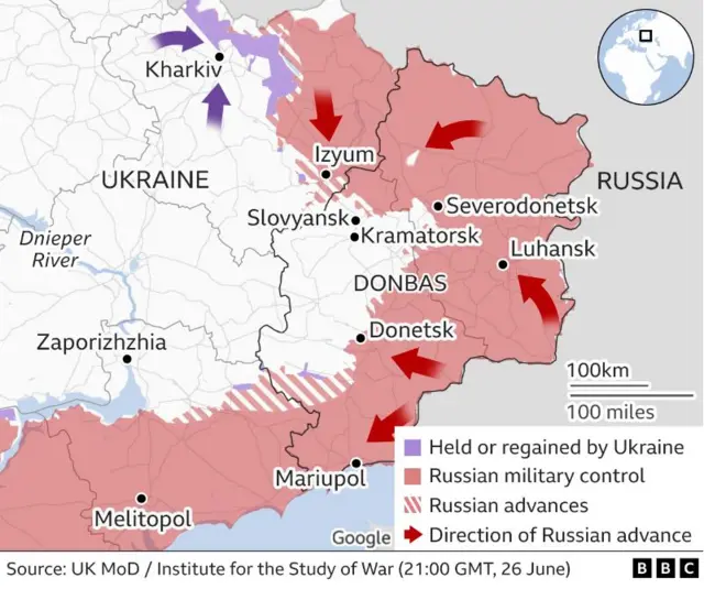 Donbas map showing Russian advance