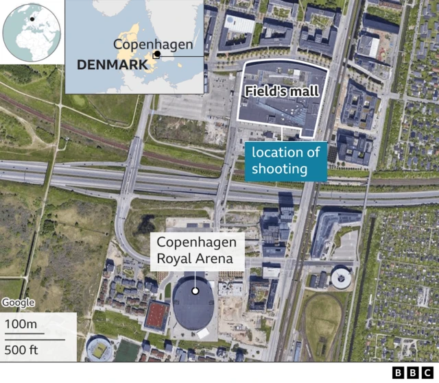 An aerial satellite map shows the Field's shopping centre and the Copenhagen Royal Arena