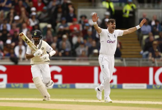 James Anderson appeals for lbw against Cheteshwar Pujara