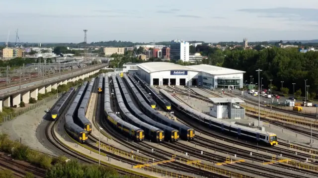 Southeastern trains in sidings near Ashford railway station in Kent