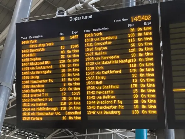 The full departure board at Leeds station