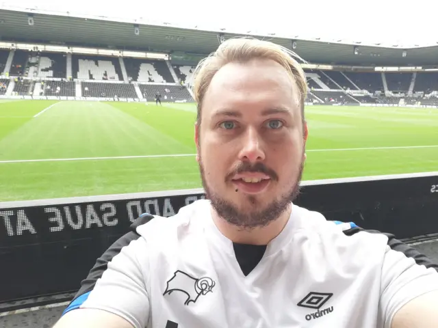 Jack Lucas takes a selfie in an empty Pride Park stadium in Derby