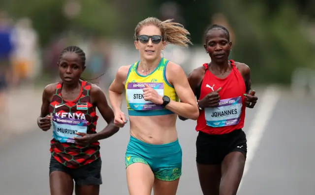 Australia's Jessica Stenson, Kenya's Margaret Muriuki and Helalia Johannes of Namibia