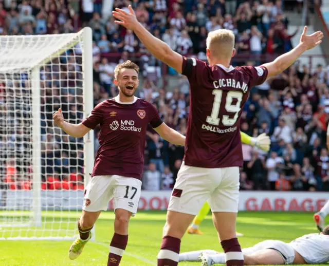 Alan Forrest celebrates with the man who assisted him for the opener, Alex Cochrane