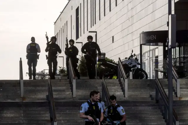 Police monitor the area outside the Fields shopping mall, where a gunman killed three people and wounded several others in Copenhagen