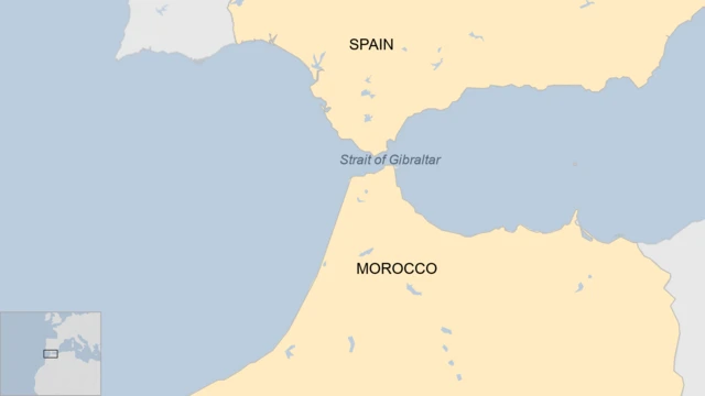 A map showing the Strait of Gibraltar between Spain and Morocco.