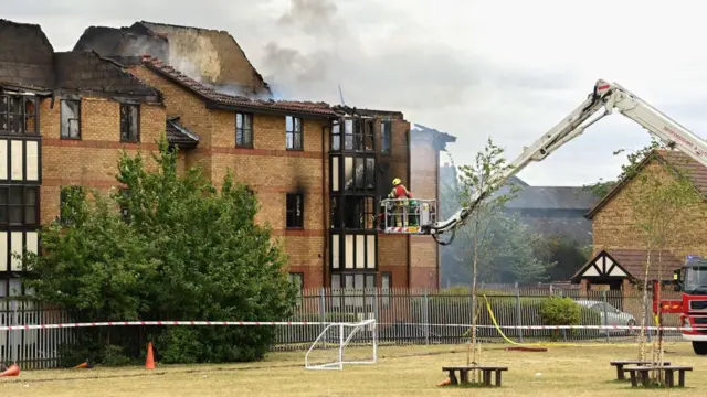 Firefighters tackling the blaze at Redwood Grove, Bedford