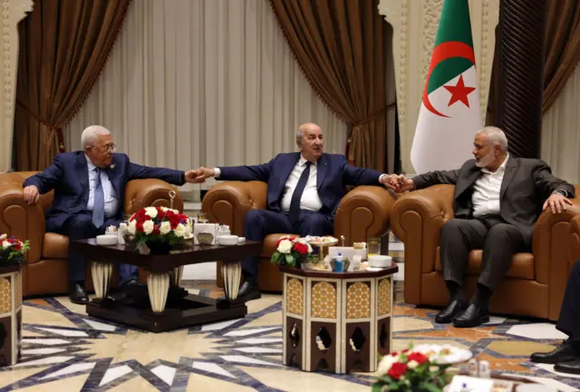 Algerian President Abdelmadjid Tebboune meets Palestinian President Mahmoud Abbas and Ismail Haniya, Head of the Hamas Political Bureau in Algiers, Algeria on July 05, 2022.