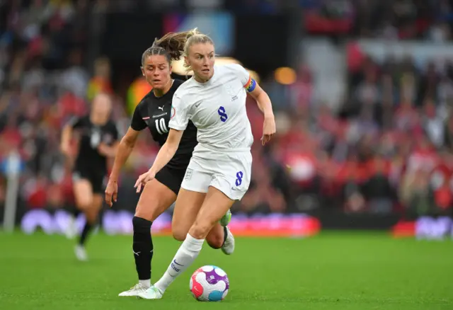 A photo of Leah Williamson playing for England against Austria