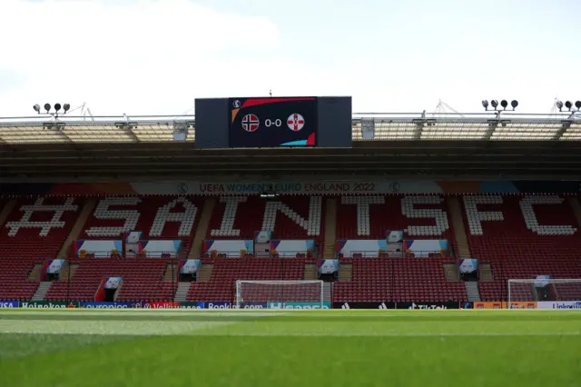 A photo of the pitch and seats at St Mary's Stadium, Southampton