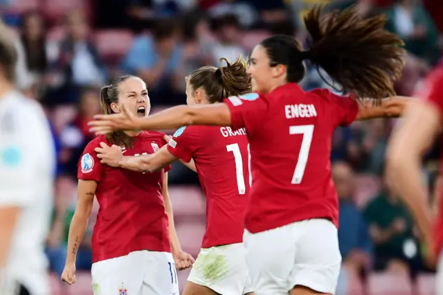 A photo of Norway celebrating a goal