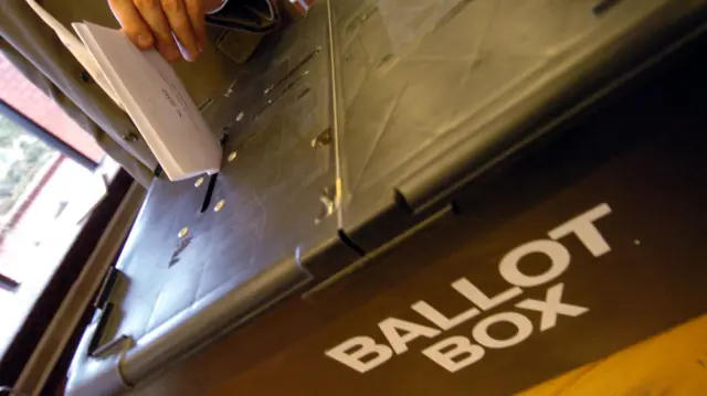 Person placing a vote slip into a ballot box