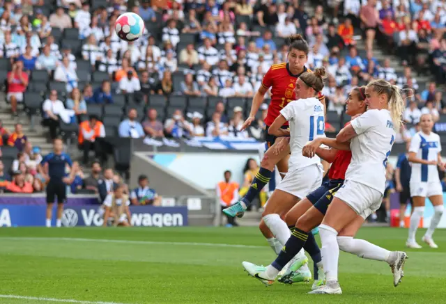 Lucia Garcia of Spain scores their 3rd goal