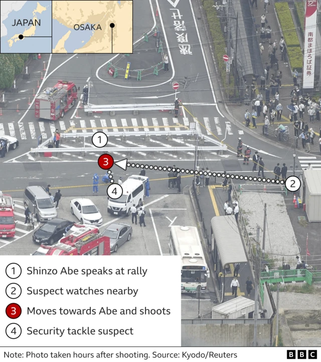 Map showing how the assassination of Shinzo Abe unfolded