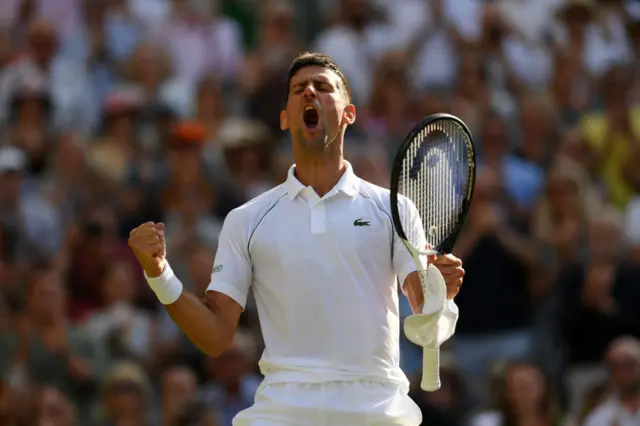 Novak Djokovic celebrates Wimbledon semi-final win