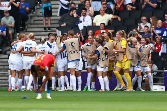 Linda Sallstrom of Finland Women celebrates with teammates after scoring a goal to make it 1-0