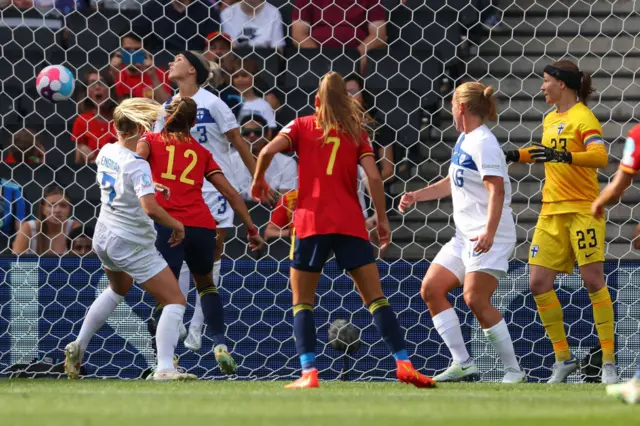 Patri Guijarro of Spain scores a goal which is disallowed