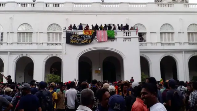 Protesters outside the official residence of Sri Lanka's President Gotabaya Rajapaksa