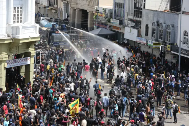 Security forces use water cannons to disperse an anti government protest rally, calling for the resignation of the president over the alleged failure to address the economic crisis, near the President's house in Colombo, Sri Lanka, 09 July 2022.