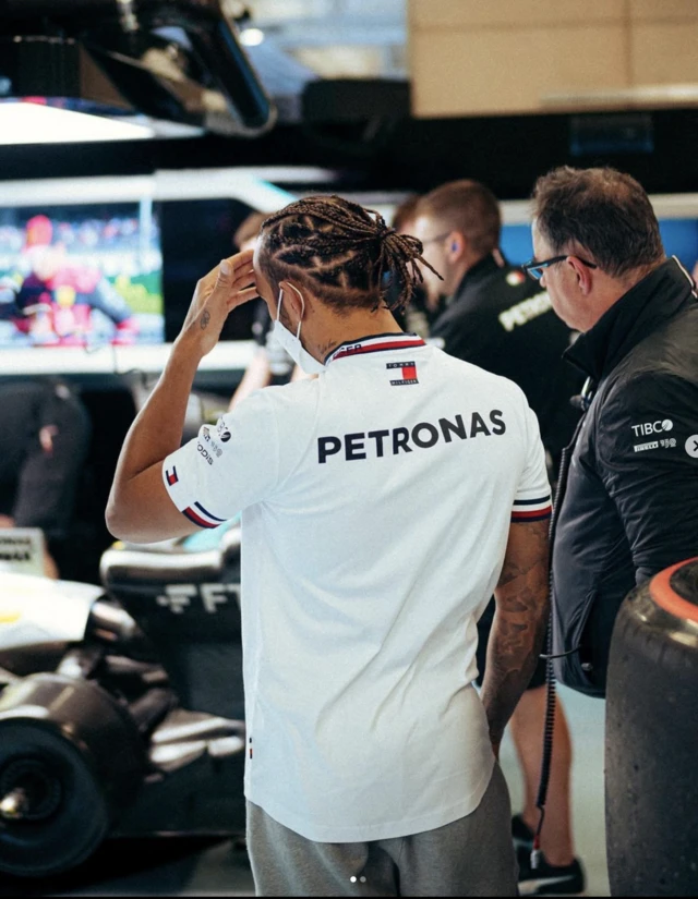 Lewis Hamilton in the Mercedes garage