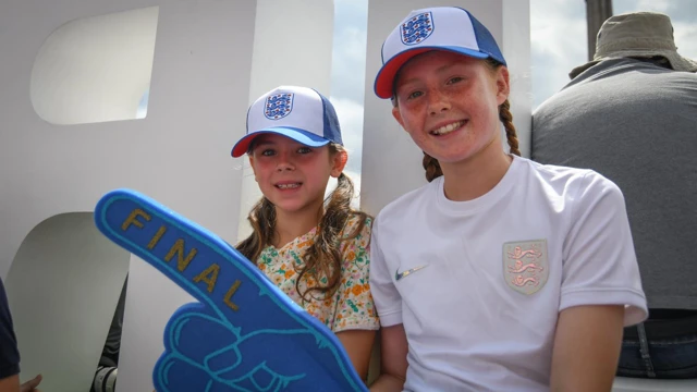 Grace, 12, and Ava, 9 travelled from Nottingham to attend the Women's Euros parade in Trafalgar Square