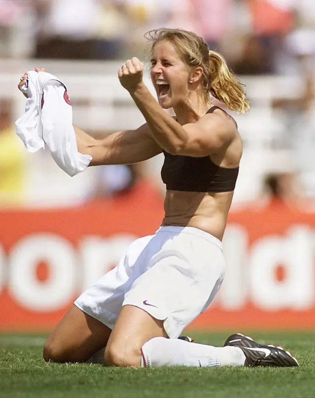 Brandi Chastain celebrates scoring the winning penalty of the 1999 Women’s World Cup