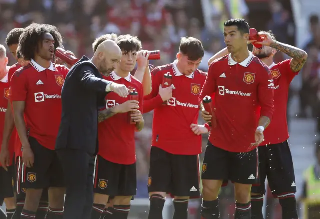 Erik ten Hag speaks to Cristiano Ronaldo during a drinks break in Manchester United's friendly with Rayo Vallecano