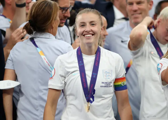 England captain Leah Williamson poses with her winners' medal