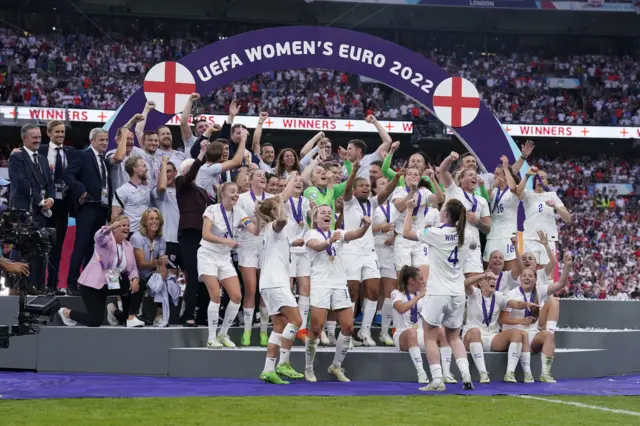 England players celebrate after winning the Euro 2022 final