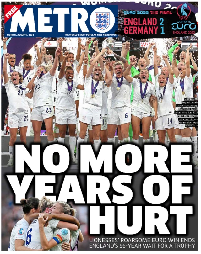 Front page of the Metro on 1 August 2022