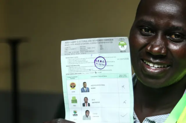 An election official displays a rejected vote at Nakuru Boys Polling Center