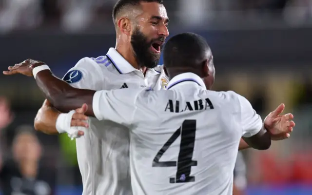 Real Madrid's defender David Alaba (front) celebrates scoring his team's first goal with Real Madrid's forward Karim Benzema