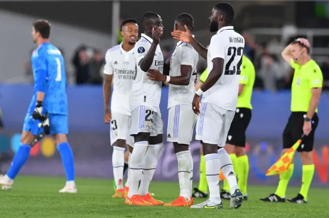 Real Madrid's players celebrate winning the UEFA Super Cup football match between Real Madrid vs Eintracht Frankfurt