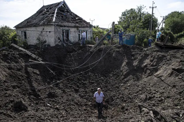 A view of a crater after Russian shelling in the Zaporizhzhia region