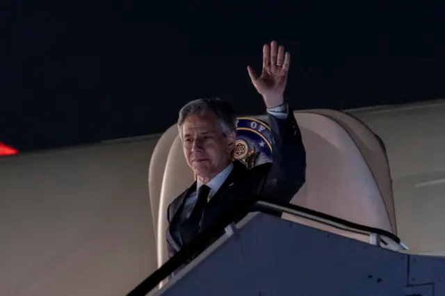 US Secretary of State Antony Blinken arrives at Kigali International Airport in Kigali, Rwanda