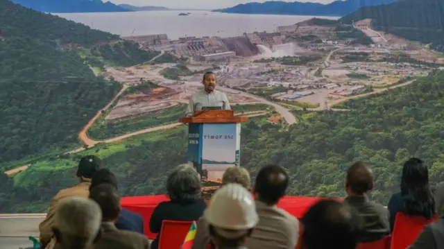 Prime minister Abiy Ahmed speaks at a ceremony at the site of the dam in the country’s west