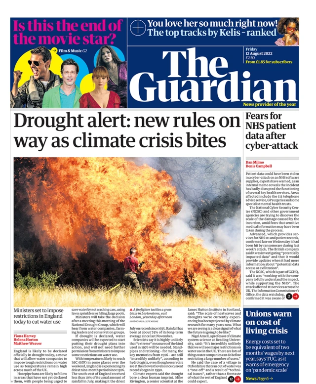 Guardian front page featuring a picture of a firefighter battling a grass and tree blaze in London