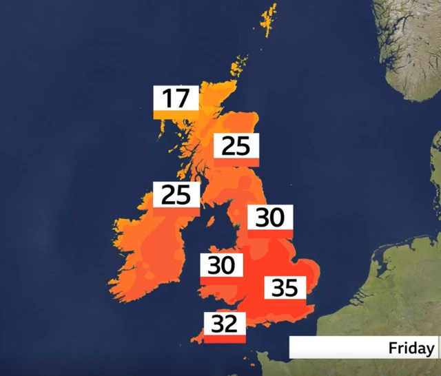 BBC weather map showing top temperatures around the UK