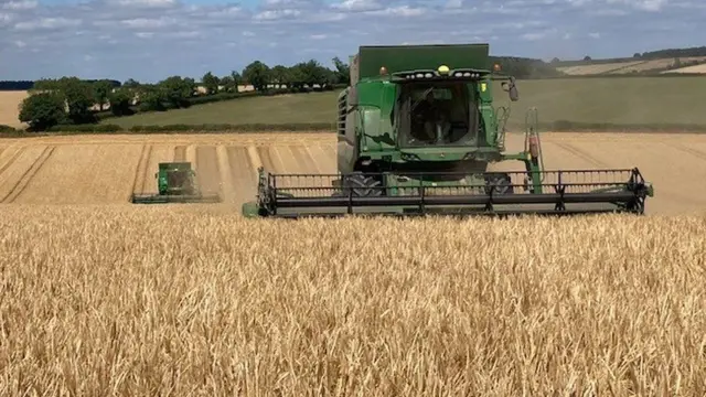 Dorset farmer James Cossins at work harvesting winter barley on his 2,000 acre farm in Blandford Forum