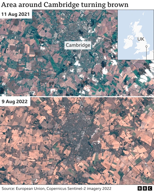 A satellite comparison of the area surrounding Cambridge, with this year's terrain clearly very dry