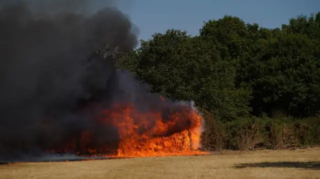 Flames from a grass fire burning on Leyton flats in East London