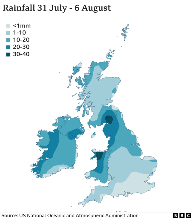 Map showing little rainfall across most of the UK and Ireland from 31 July to 6 August