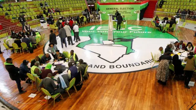 Various political parties delegates and officials from the Independent Electoral and Boundaries Commission (IEBC) meet at the IEBC National Tallying centre at the Bomas of Kenya, in Nairobi, Kenya August 11, 2022